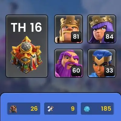 TH 16 Full Max, 6 Equipment Epic, 1 Map Skin, Wall Max, Defense Max, Hero High Level, 5 Hero Skin