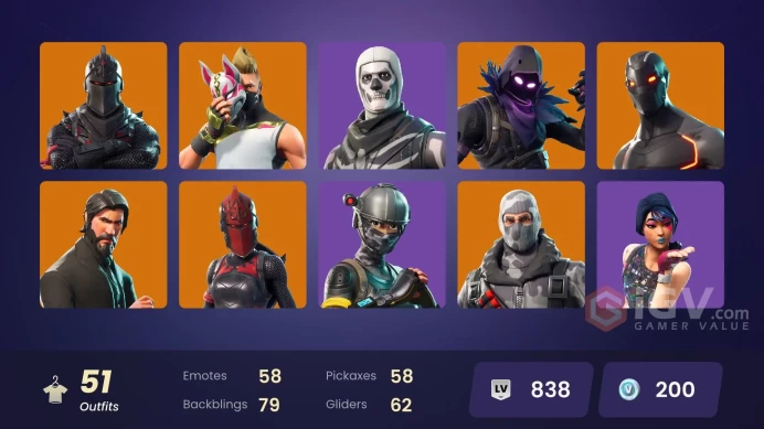 50 SKINS + BLACK KNIGHT + THE REAPER + TAKE THE L + OMEGA (STAGE 5) + ROYALE KNIGHT + ELITE AGENT + FRESH + FLOSS + BUS BANNER + SKULL TROOPER