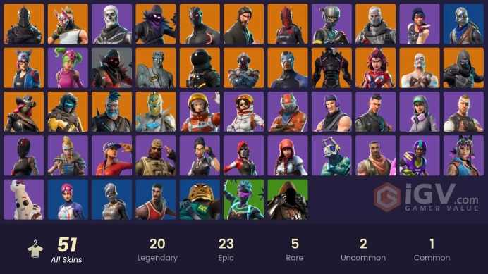 50 SKINS + BLACK KNIGHT + THE REAPER + TAKE THE L + OMEGA (STAGE 5) + ROYALE KNIGHT + ELITE AGENT + FRESH + FLOSS + BUS BANNER + SKULL TROOPER