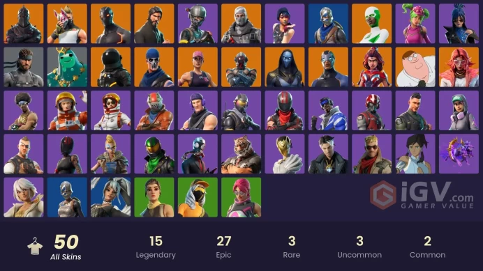 50 SKINS + BLACK KNIGHT + THE REAPER + MAKO + TAKE THE L + FLOSS + CANDY AXE + FRESH + ROYALE KNIGHT + BLUE SQUIRE + ELITE AGENT + STW OLD