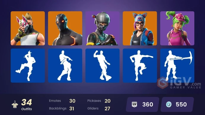[PC/XBOX/PSN/SWITCH] 34 skins | Elite Agent | STAGE 4 | Stage 4 | Gold | STAGE 5 | STAGE 5 | STAGE 5 | STAGE 8 | The Visitor | Valor | Omega |