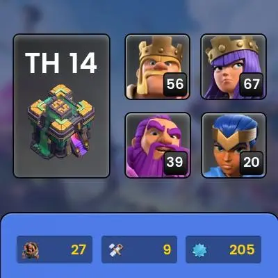 TH14 | Level 205 -[ BK 55-AQ 66-MP 41-GW 38- RC 20 ]- Gem 891--Code 6219--Secure account