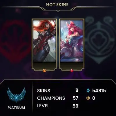 EUW ⸱ PLATINUM II · %59WR · PLAT 1 MMR · 541800BE · HONOR 4 · 10 SKIN · GUN GODDESS MISS FORTUNE · SPIRIT BLOSSOM AHRI · KDA ALL OUT AHRI · 1655