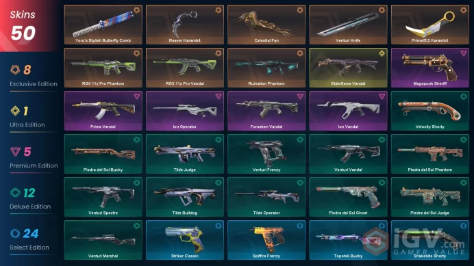EU 50 skins | Reaver Karambit | Prime//2.0 Karambit | Celestial Fan | Ruination Phantom | Elderflame Vandal | RGX 11z Pro Phantom | Magepunk She