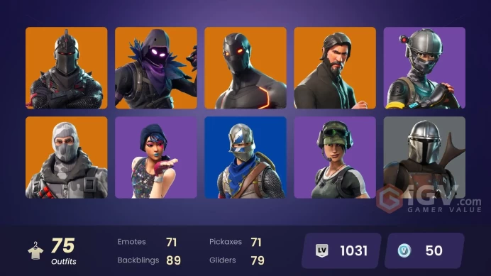 74 SKINS + BLACK KNIGHT + THE REAPER + TAKE THE L + FLOSS + RAMBUNCTIOUS + ROYALE KNIGHT + STW OLD + ELITE AGENT + 2950 VB