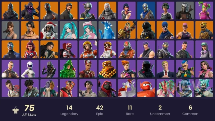 74 SKINS + BLACK KNIGHT + THE REAPER + TAKE THE L + FLOSS + RAMBUNCTIOUS + ROYALE KNIGHT + STW OLD + ELITE AGENT + 2950 VB