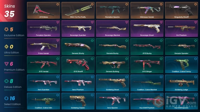 EU 35 skins | RGX 11z Pro Firefly | Glitchpop Vandal | Singularity Sheriff | Ruination Spectre | Oni Phantom | Sovereign Ghost | Sovereign Guard