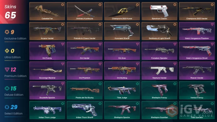 NA 65 skins | Champions 2023 Kunai | Champions 2023 Vandal | Arcane Vandal | Kuronami Sheriff | Onimaru Kunitsuna | Celestial Fan | Prelude to C