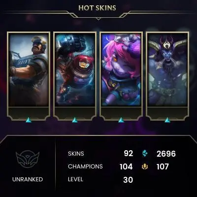EUW EMAIL CHANGEABLE 104 CHAMPIONS 92 SKINS Pulsefire Ezreal Zombie Brand SEASON 1 AND 2 BRONZE ICON  URF+HOLIDAY NASHOR ICON LAST PLAY 2024