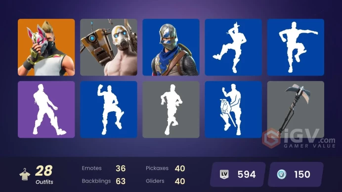 28 SKINS + ROYALE KNIGHT + TAKE THE L + BLUE SQUIRE + BUNNY BRAWLER + HUMAN BILL + REDLINE + FABLE + PAR PATROLLER + PSYCHO BANDIT + COMMANDO