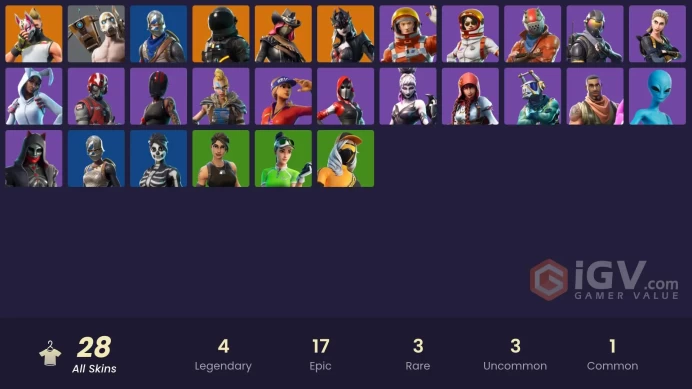 28 SKINS + ROYALE KNIGHT + TAKE THE L + BLUE SQUIRE + BUNNY BRAWLER + HUMAN BILL + REDLINE + FABLE + PAR PATROLLER + PSYCHO BANDIT + COMMANDO