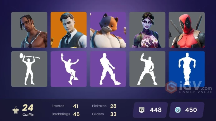 [PC] 24 skins | Travis Scott | Gear Specialist Maya | Catalyst | Midas | Dark Bomber | Deadpool | X-Lord | TNTina | Y0ND3R | 450 VB