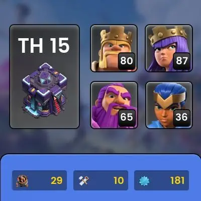 TH 15th14 Full Max, 6 Equipment Epic, Defense Max, Wall max, 8 Hero Skin, Magic Items, Hero High Level, Lifetime Warranty