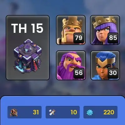 TH 15 TH 14 Full Max, 4 Equipment Epic, Defense Max, Wall Max, 4 Hero Skin, Magic Items, Hero High Level, Lifetime Warranty
