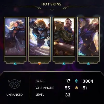 【EUW】Level 33    55  Champ/ 17 Skins   Full Access  High Quality Account  Instant Delivery️