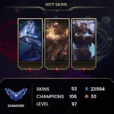 Diamond 2 60 lp EUW, lvl 97, 50 skins, 148 champions