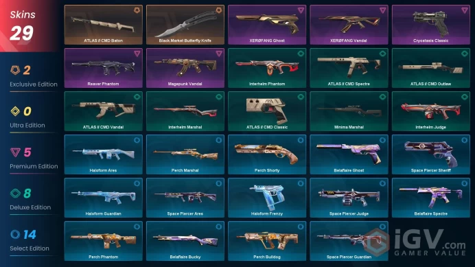 EU - LVL 52 - Unranked - 2 KNIVES - 29 SKINS (~13,700 VP) Black.Market Butterfly Knife, ATLAS CMD Baton, XEROFANG Ghost, XEROFANG Vandal, Magep