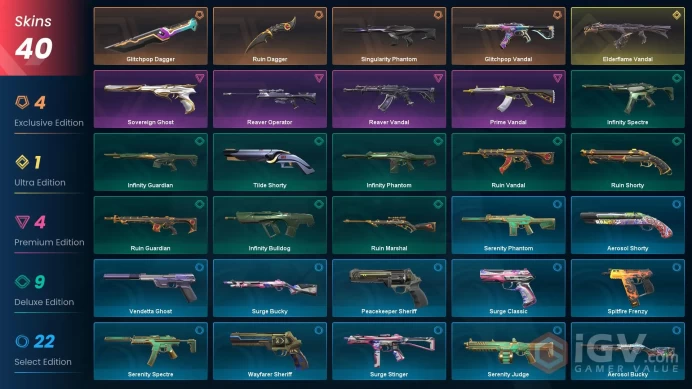 EU - LVL 140 - Unranked - 2 KNIVES - 40 SKINS (~18,275 VP) Elderflame Vandal, Ruin Dagger, Glitchpop Dagger, Singularity Phantom