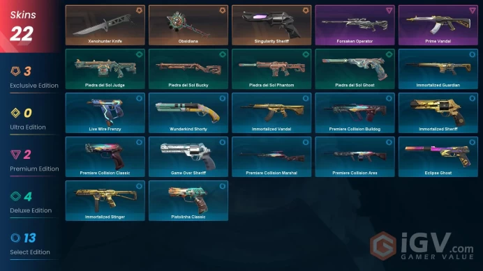 EU - LVL 127 - Unranked - 2 KNIFES - 22 SKINS (~9,275 VP) Singularity Sheriff, Obsidiana, Xenohunter Knife, Forsaken Operator, Prime Vandal, Pi
