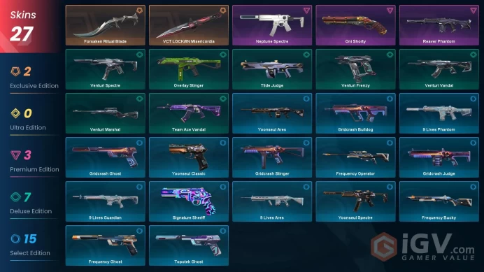 EU - LVL 36 - Unranked - 2 KNIVES - 27 SKINS (~15,590 VP) VCT LOCKIN Misericordia, Forsaken Ritual Blade, Reaver Phantom, Oni Shorty