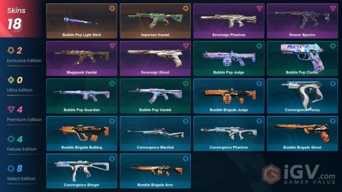 EU - LVL 45 - Unranked - 1 KNIFE - 18 SKINS (~9,275 VP) Imperium Vandal, Bubble Pop Light Stick, Magepunk Vandal, Sovereign Ghost, Sovereign Ph
