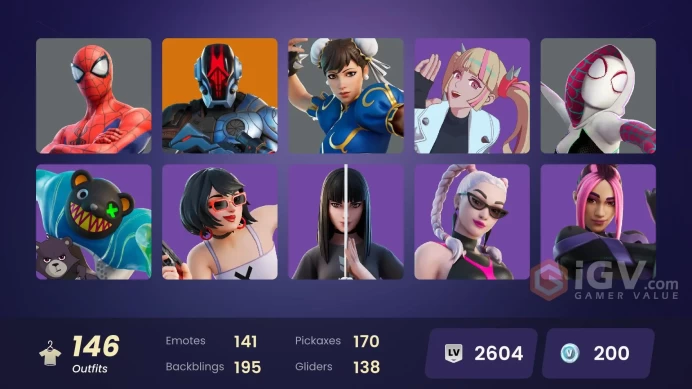 PC,PSN,XBOX 146 SKINS FA - BLAZE,AANG,BRUNO MARS,SPIDER-GWEN,CHUN-LI,PHAEDRA,KOR,WEEKND,MJ RK776