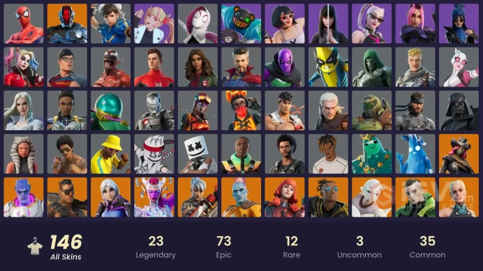 PC,PSN,XBOX 146 SKINS FA - BLAZE,AANG,BRUNO MARS,SPIDER-GWEN,CHUN-LI,PHAEDRA,KOR,WEEKND,MJ RK776