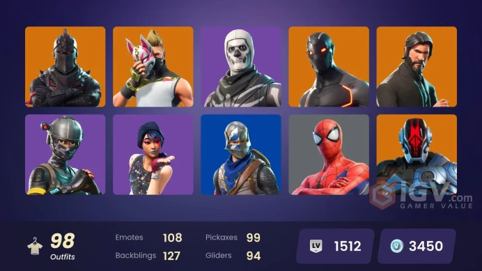 98 SKINS + BLACK KNIGHT + THE REAPER + CANDY AXE + MAKO + HEAD BANGER + TAKE THE L + FLOSS + ELITE AGENT + RECON EXPERT + EVELIN + SNOW OPS