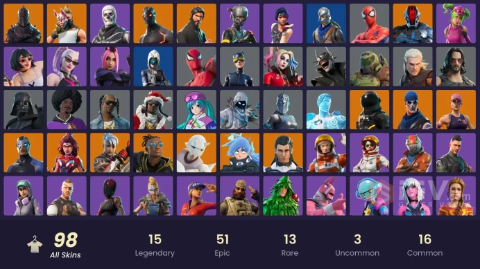 98 SKINS + BLACK KNIGHT + THE REAPER + CANDY AXE + MAKO + HEAD BANGER + TAKE THE L + FLOSS + ELITE AGENT + RECON EXPERT + EVELIN + SNOW OPS