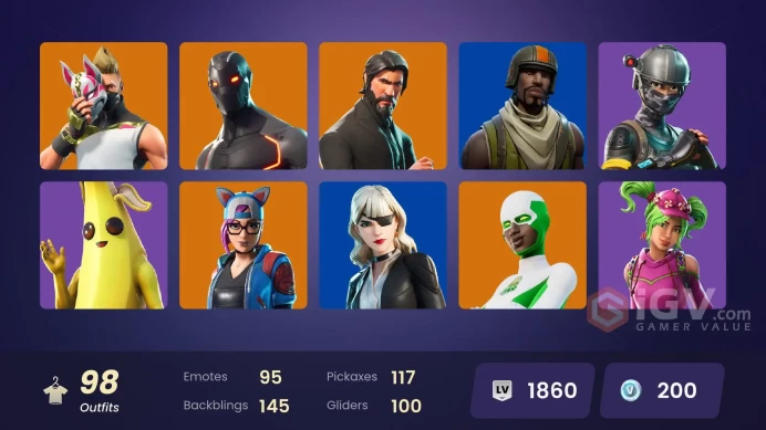 98 SKINS + THE REAPER + STW OLD + ELIT'S SIGIL + TAKE THE L + AERIAL ASSAULT TROOPER + CANDY AXE + OMEGA + DRIFT + VANGUARD ZADIE