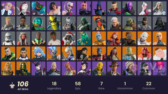 PC,PSN,XBOX 106 SKINS FA - THUNDER,SPIDER-GWEN,DOOM,JUICE WRLD,APHRODITE,GOLD BLOODED ACE RK692