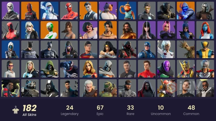 PC,PSN,XBOX 182 SKINS FA - JOLTARA,VEGETA,SUPERSONIC,BACKLASH,DOOM,BATMAN,VENOM,WONDER WOMAN,HANA,THOR,EDDIE BROCK,LARA CROFT RK661