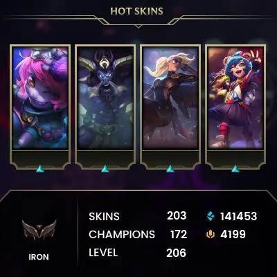 EUW / IRON 2/ 172 Champ / 203 Good skins(4 Ultimate, 3 Mythic) /141K BE / 4.199 RIOT POINTS / HONOR 3 /S3 ACC / HANDMADE / FULL ACCES / CHEAP