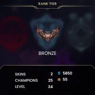 EUW S15 Bronze III Placements Champs: 25 Skins: 2 Honor: 3 BE: 5850 Lvl: 34 INSTANT DELIVERY #2465