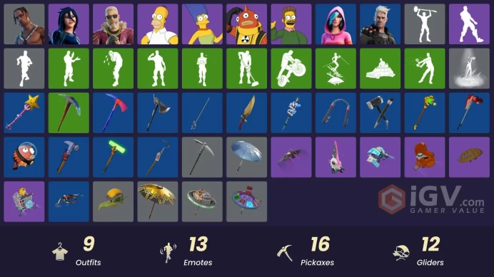 [PC/XBOX] 9 skins | Travis Scott | Homer Simpson | Astra | Kingsley | Blinky Fishstick | Ned Flanders | Marge Simpson | Iris | 50 VB