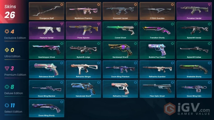 EU [ 26 TOP SKINS + 1 KNIFE ] Divergence Staff + Mystbloom Phantom + Kuronami Vandal + Forsaken Vandal + Neptune Vandal / FULL ACCES