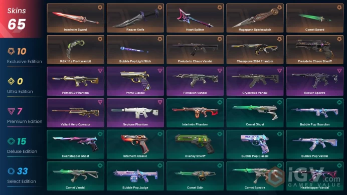 EU-TR [ 65 TOP SKINS + 7 KNIFE ]  31,700 VP SPENT | Magepunk Sparkswitch + Champions 2024 Phantom + Prelude to Chaos Vandal / FULL ACCES