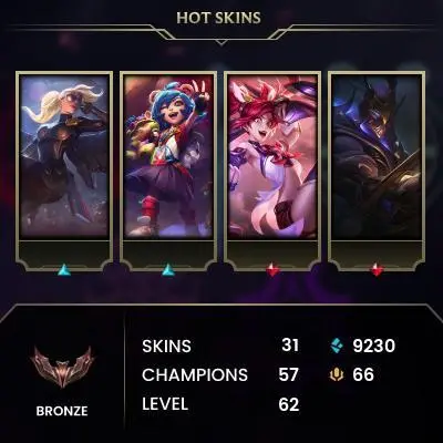 EUW / BRONZE 4 %!00WR / 57 Champ / 31 Good skins(1 Mythic, 6 Legendary, 8 Epic) / RIOT KAYLE / 9.2K BE /S5 ACC / HANDMADE / FULL ACCES / CHEAP