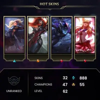 EUW / UNRANKED / 47 Champ / 32 Good skins(1 Ultimate, 5 Legendary, 9 Epic)  / HONOR 3 / S5 ACC / HANDMADE / FULL ACCES / CHEAP