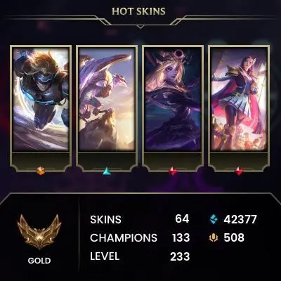 EUW / GOLD 4 / FLEX PLAT 4 /133 Champ /64 Good Skins(1 Ultimate, 6 Legendary, 26 Epic) /42.3K BE / 508RP / HONOR 4/ HANDMADE / FULL ACCES /CHEAP