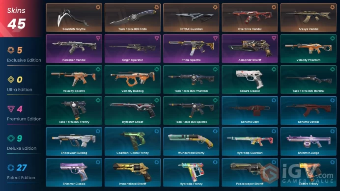 EU 45 skins | Araxys Vandal | Overdrive Vandal | CYRAX Guardian | Soulstrife Scythe | Origin Operator | Forsaken Vandal | Prime Spectre