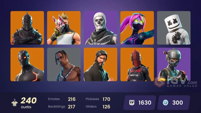 [PC/PSN/XBOX]239 skins| Black Knight | Sparkle Specialist | Travis Scott | The Reaper | Blue Squire | Floss | Leviathan axe | Take the L |prch01