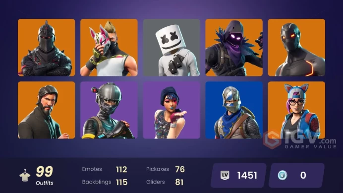 99 SKINS + BLACK KNIGHT + THE REAPER + GRIND + FLOSS + TAKE THE L + AC/CD + ROYALE KNIGHT + BLUE SQUIRE + ELITE AGENT + MARSHMELLO