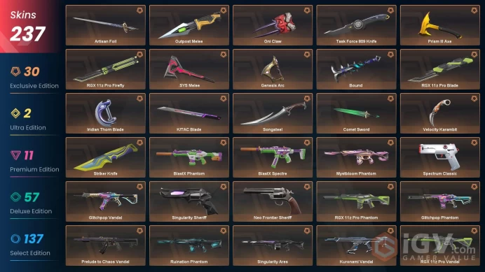 North America / 237 SKINS / Sovereign Ghost / Velocity Karambit / Protocol 781-A Spectre / Outpost Melee / K/TAC Blade / Songsteel / Prism III 