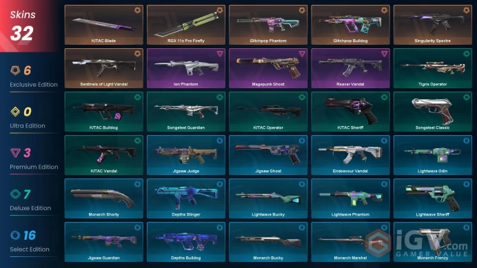 EU [ 32 TOP SKINS + 2 KNIFE ] RGX 11z Pro Firefly + Sentinels Vandal + Glitchpop Phantom + Glitchpop Bulldog + Reaver Vandal / full acces
