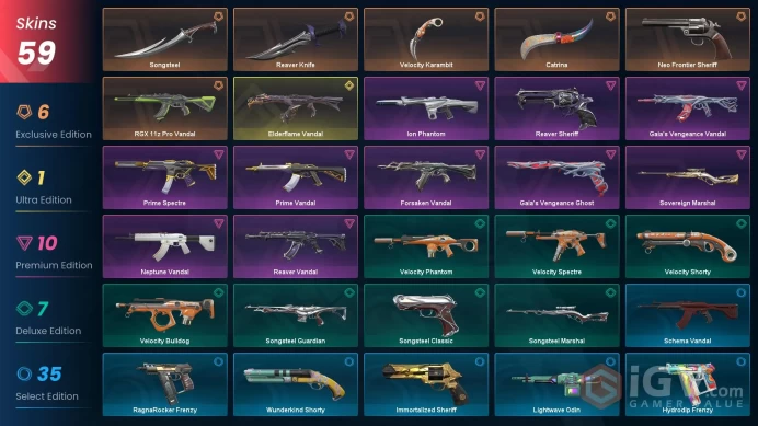 EU 59 skins | Reaver Knife | Neo Frontier Sheriff | RGX 11z Pro Vandal | Elderflame Vandal | Catrina | Gaia's Vengeance Vandal |