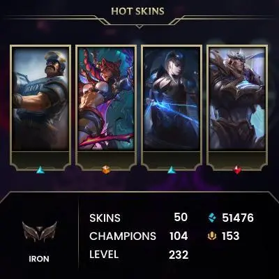 EUW / IRON 2(76LP) / 104 Champ / 50 Good Skins(1 Ultimate, 1 Mythic, 4 Legendary, 27 Epic) / 51.4K BE / S10 ACC / HANDMADE /FULL ACCES /CHEAP