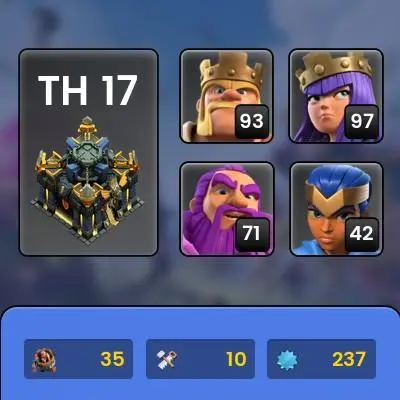 TH 17 Full Max, 10 Equipment Epic(15 Max), Defense Max, 1000 League Medal, Wall high level, free Change Name, Hero high level, Lifetime Warranty