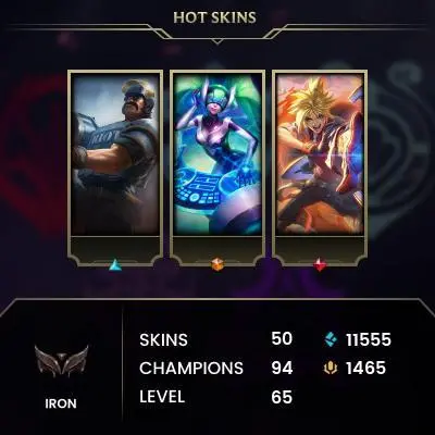 EUW / IRON 1 / 94 Champ / 50 Good Skins(1 Ultimate, 1 Mythic, 1 Legendary, 27 Epic) / 11.5K BE / 1.465RP / LIFETIME WARRANTY / FULL ACCES /CHEAP