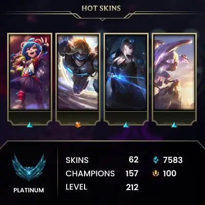 EUW / PLATIN 4(76LP) / 73 Champ / 62 Good Skins(2 Ultimate, 1 Mythic, 5 Legendary, 32 Epic) / 7.5K BE / HONOR 4 / HANDMADE / FULL ACCES /CHEAP
